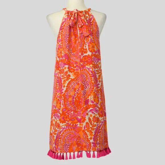 TRINA TURK Women's Peony Lined Tassel Trim Shift %100 Silk Dress Size 12 - Picture 4 of 11